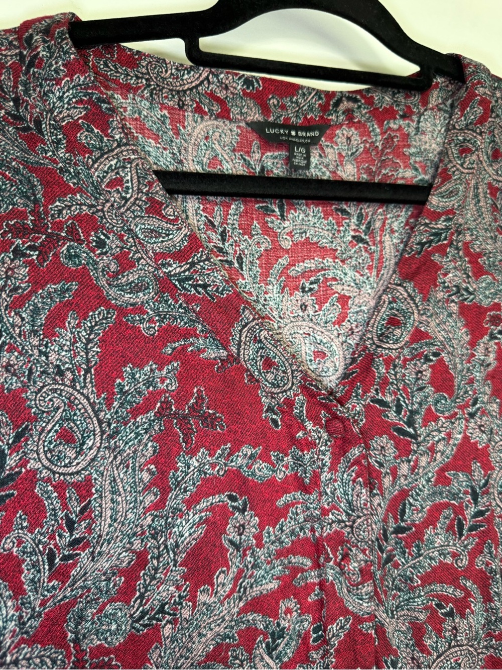 Lucky Brand Red & Grey Paisley Boho-Chic V-Neck Long-Sleeve Maxi Dress 70’s L - Picture 5 of 16